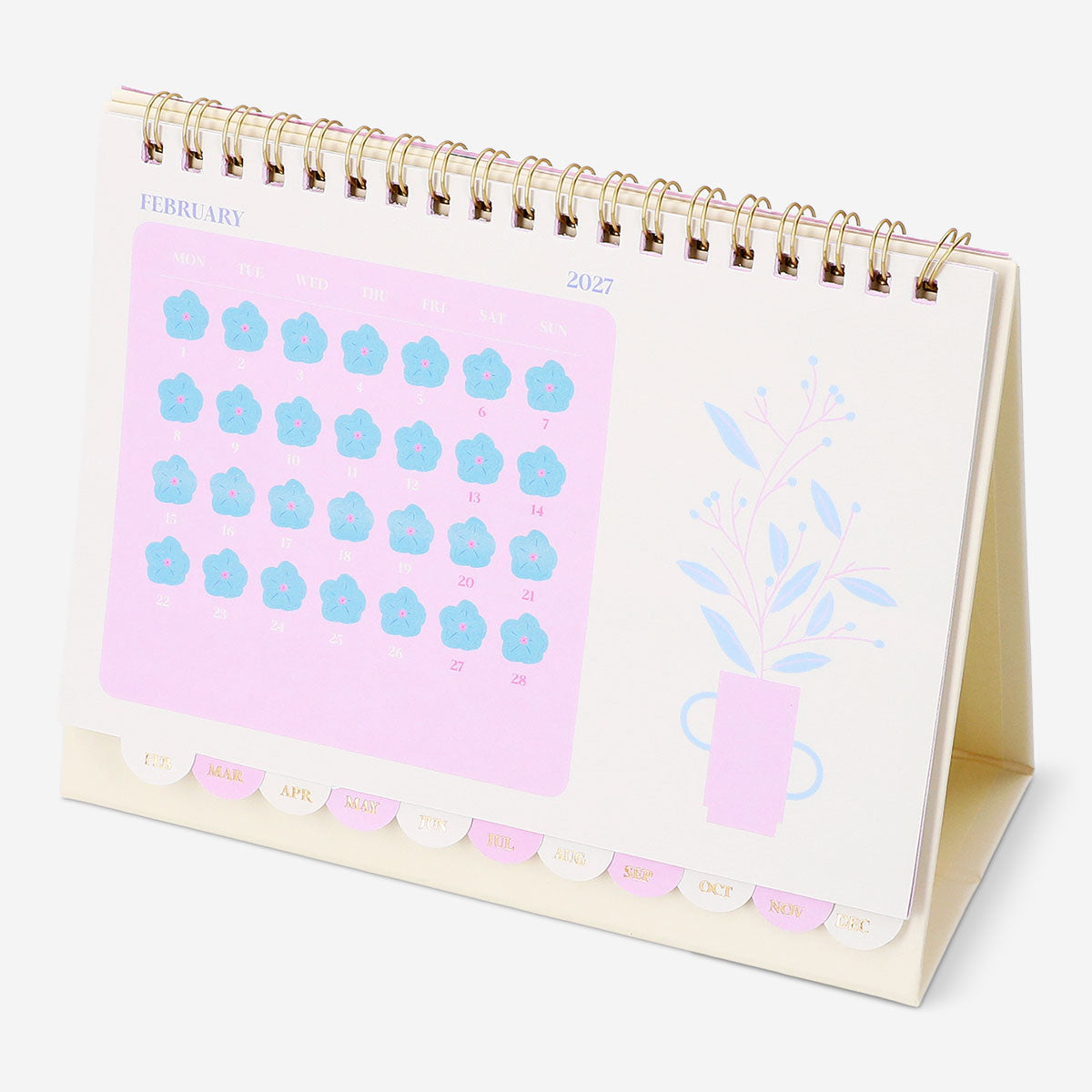 Monthly floral desk calendar for 2027 with stickers, designed for office use by Flying Tiger Copenhagen, featuring colorful floral illustrations.