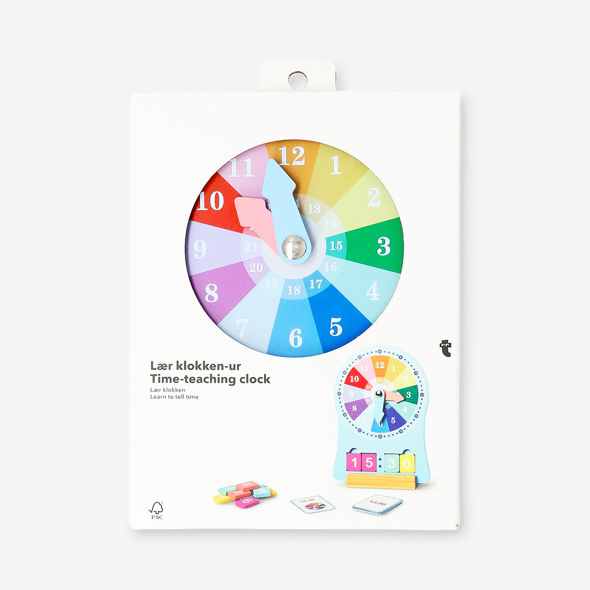 Wooden teaching clock toy by Flying Tiger Copenhagen showing colorful hour and minute hands, perfect for learning time.