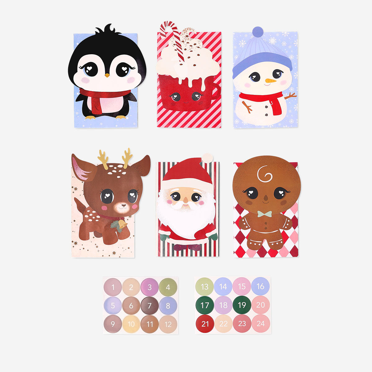 Set of 24 Flying Tiger Copenhagen Advent gift bags featuring Christmas characters, ideal for holiday gift wrapping.