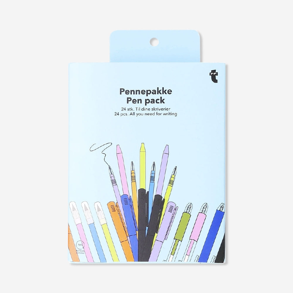 Assorted pack of 24 Flying Tiger Copenhagen office pens in various colors and styles arranged on a clean surface.