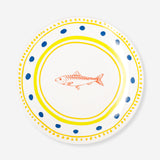 Ceramic kitchen plate with colorful dots and fish design, 16 cm, by Flying Tiger Copenhagen, showing a decorative fish and dotted pattern.