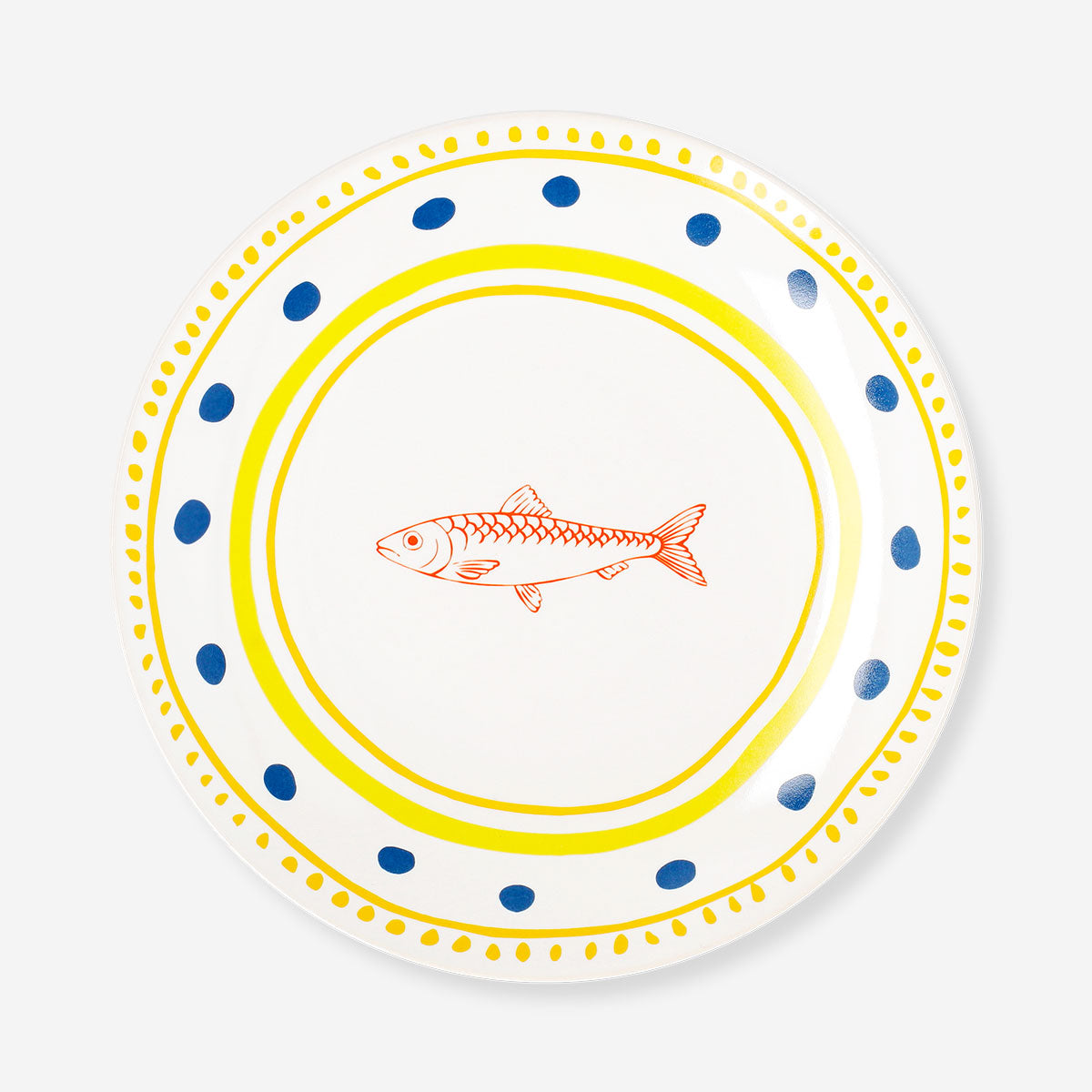 Ceramic kitchen plate with colorful dots and fish design, 16 cm, by Flying Tiger Copenhagen, showing a decorative fish and dotted pattern.
