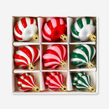 Set of nine red and green Christmas baubles for home decor, featuring Flying Tiger Copenhagen festive ornament collection.