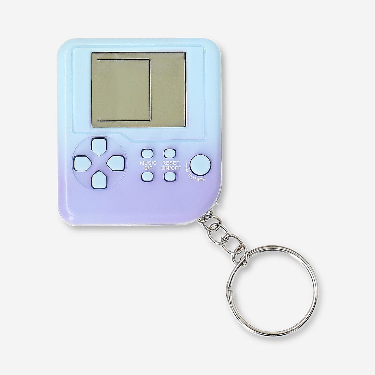 Flying Tiger Copenhagen mini game machine keyring featuring a compact gadget with multiple fun games on a colorful design.