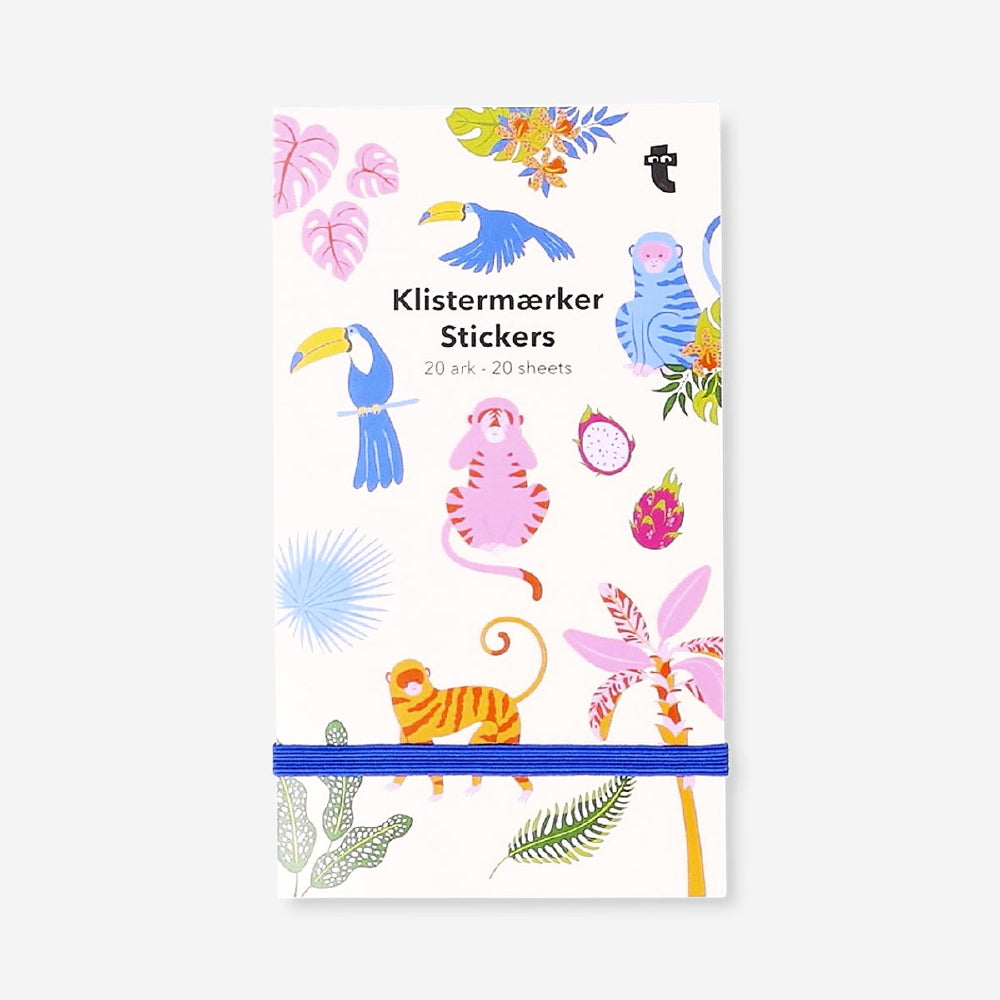 Jungle-themed office sticker book from Flying Tiger Copenhagen featuring colorful animal and plant stickers for decorating.