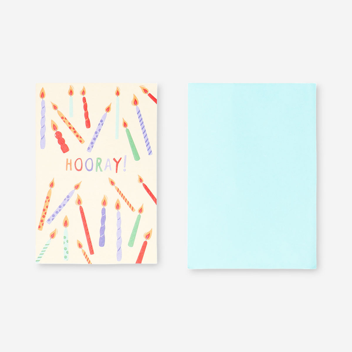 Office greetings card featuring candles and "Hooray" message by Flying Tiger Copenhagen, with colorful design and festive elements.