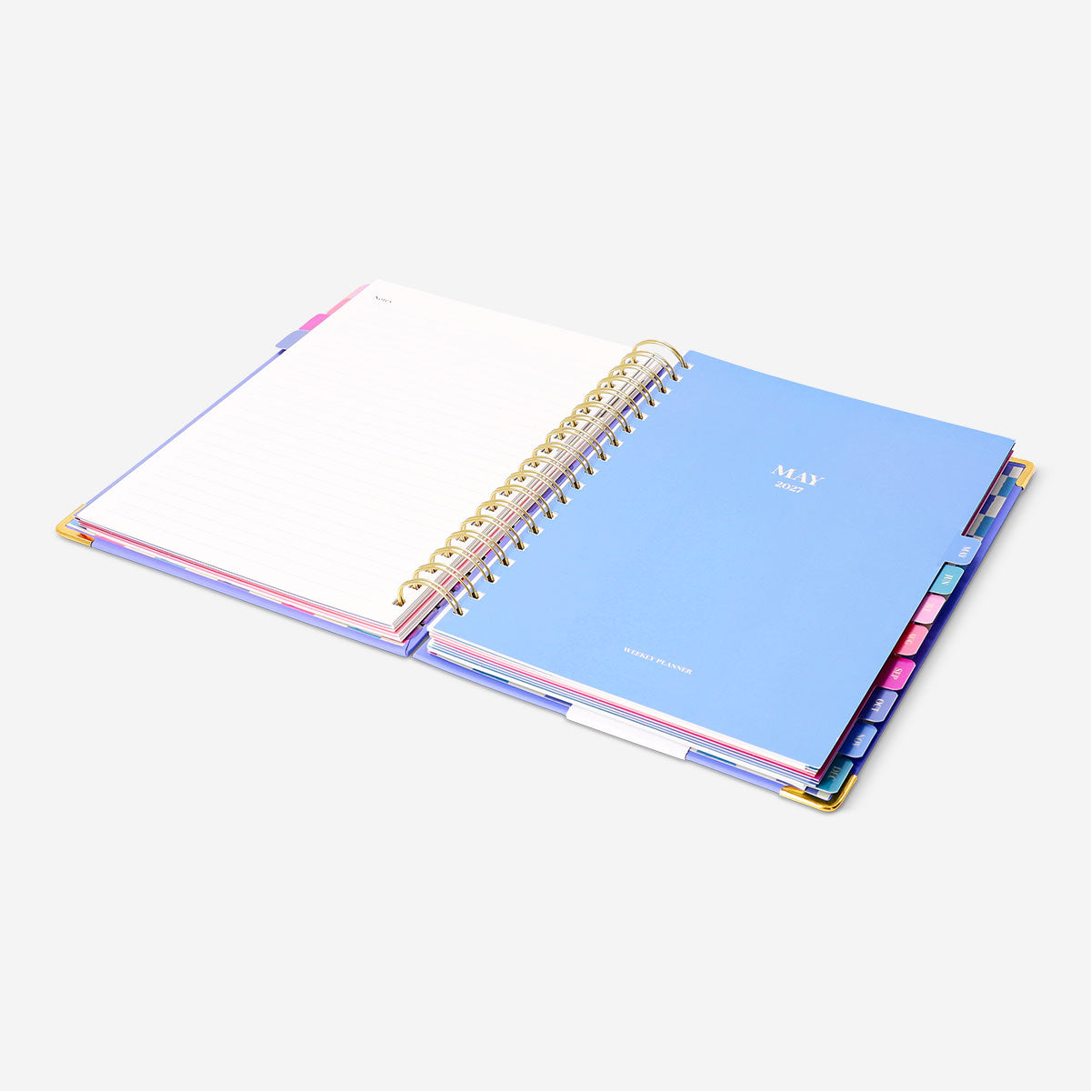 Blue weekly planner 2027 by Flying Tiger Copenhagen, open to show pages with dates and weekly layout for organizing plans.