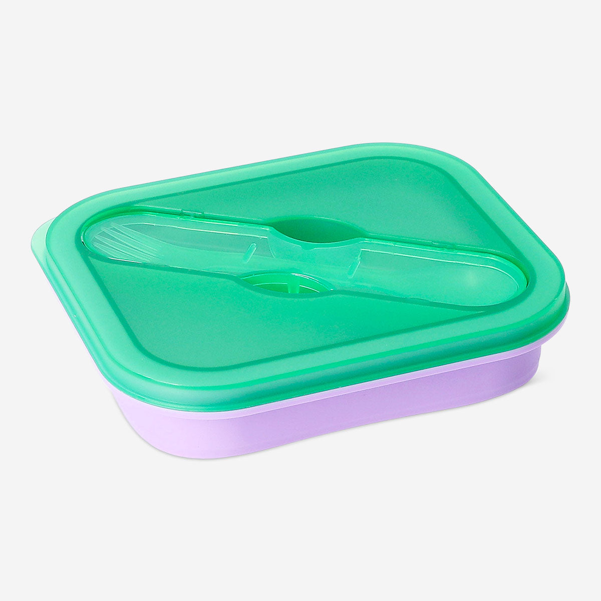 Lilac collapsible lunchbox with spork from Flying Tiger Copenhagen, 600 ml, featuring a compact, eco-friendly design for meals on the go.