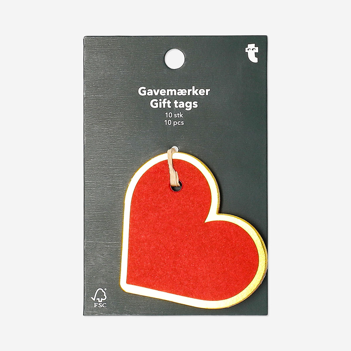Set of 10 red heart-shaped gift tags for office use, featuring Flying Tiger Copenhagen branding and decorative string attachments.
