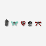 Set of five gothic textile pins with dark, intricate designs, perfect for adding gothic style to clothing or accessories.