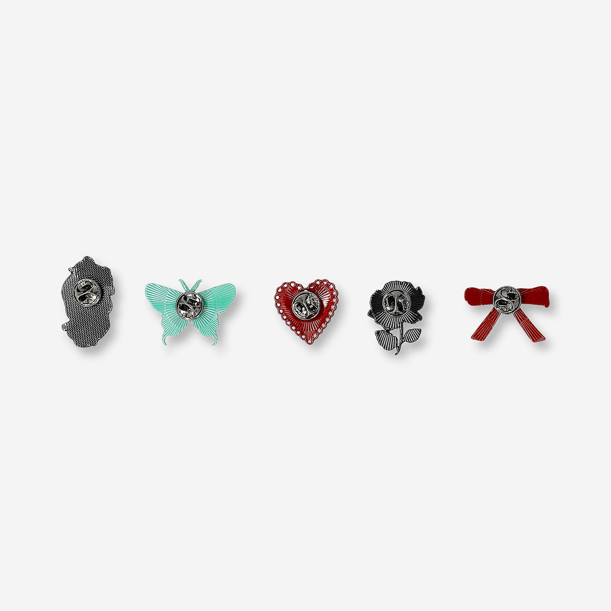 Set of five gothic textile pins with dark, intricate designs, perfect for adding gothic style to clothing or accessories.
