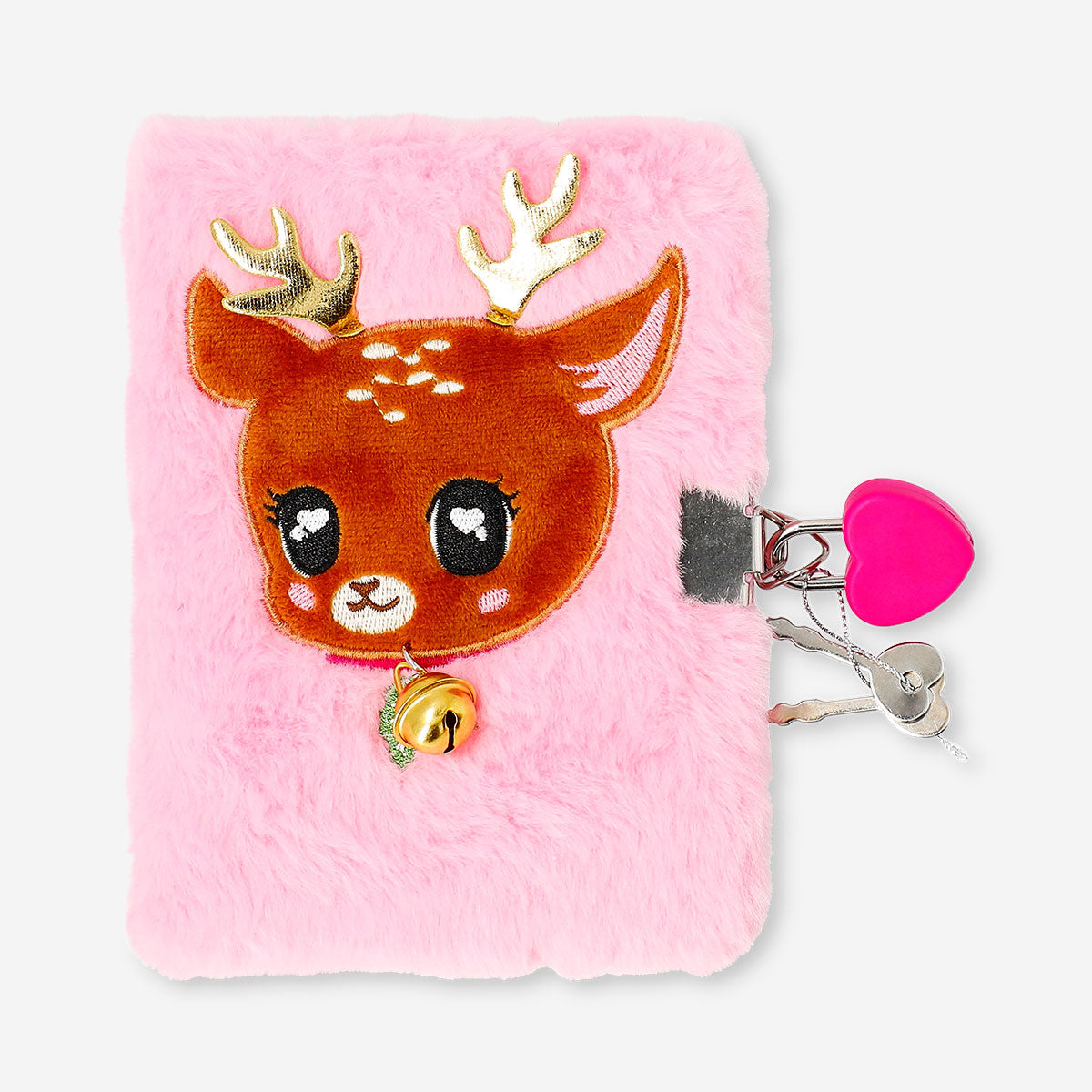 Flying Tiger Copenhagen plush reindeer diary with lock, soft fabric cover featuring a reindeer design for office or personal use.