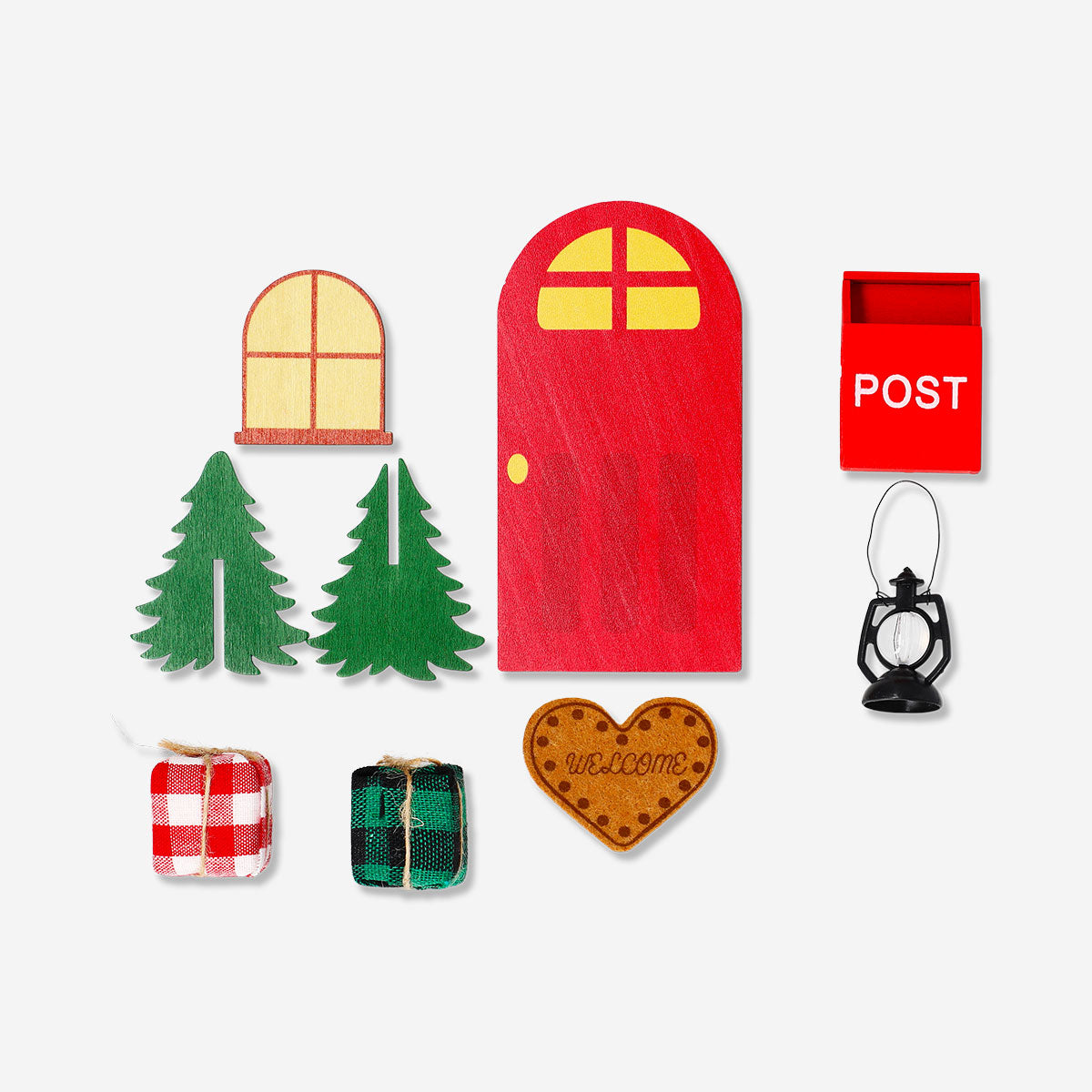 Seven-piece wooden elf home set by Flying Tiger Copenhagen, featuring handcrafted miniature elf houses and accessories.