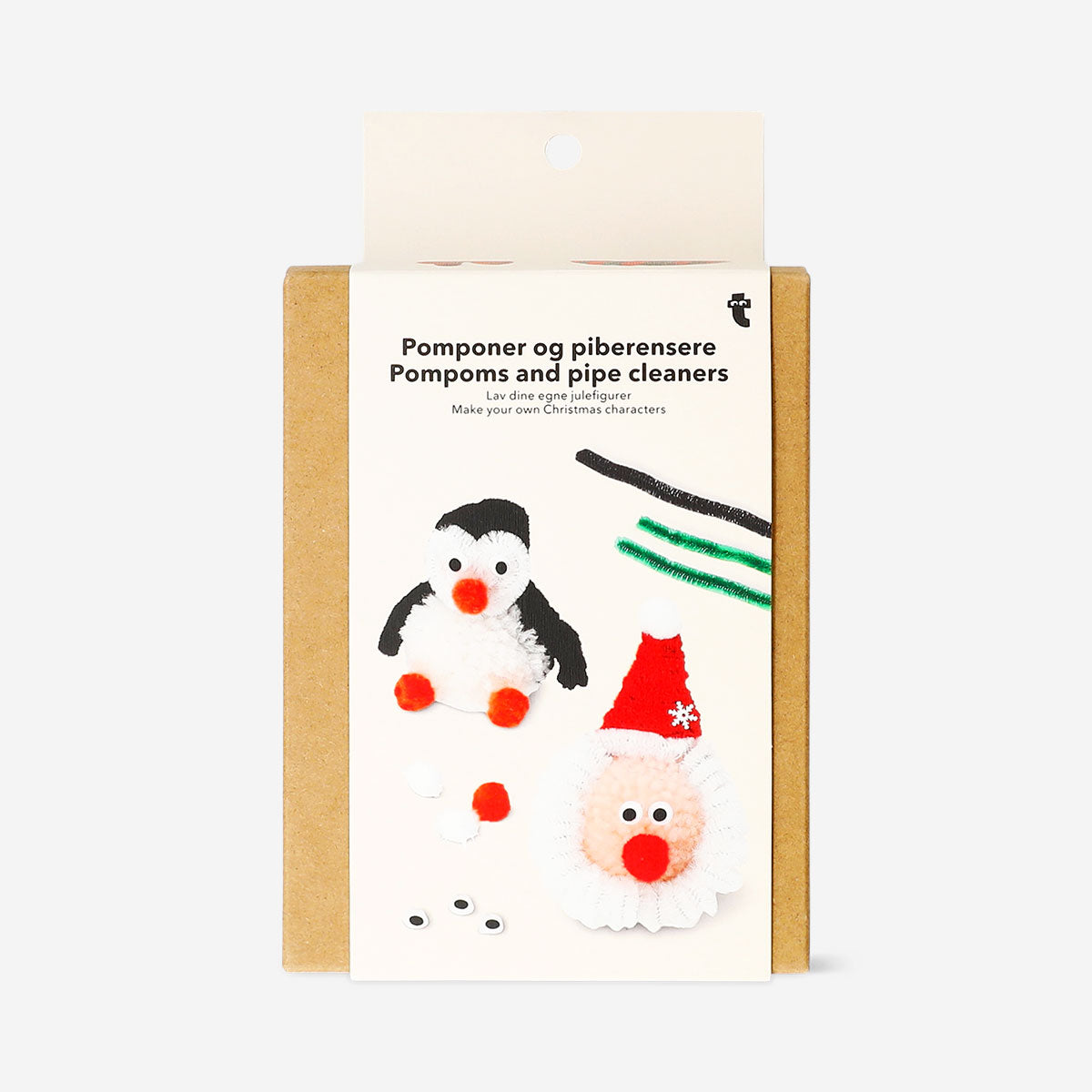 DIY Christmas characters kit with colorful pom poms and pipe cleaners from Flying Tiger Copenhagen for holiday craft projects.