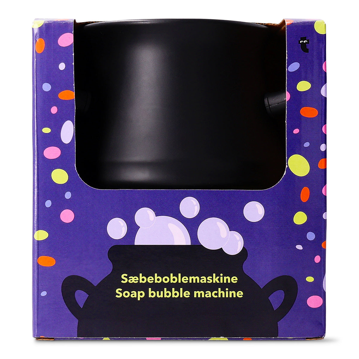 Flying Tiger Copenhagen toy soap bubble machine shaped like a black cauldron with bubbling effect