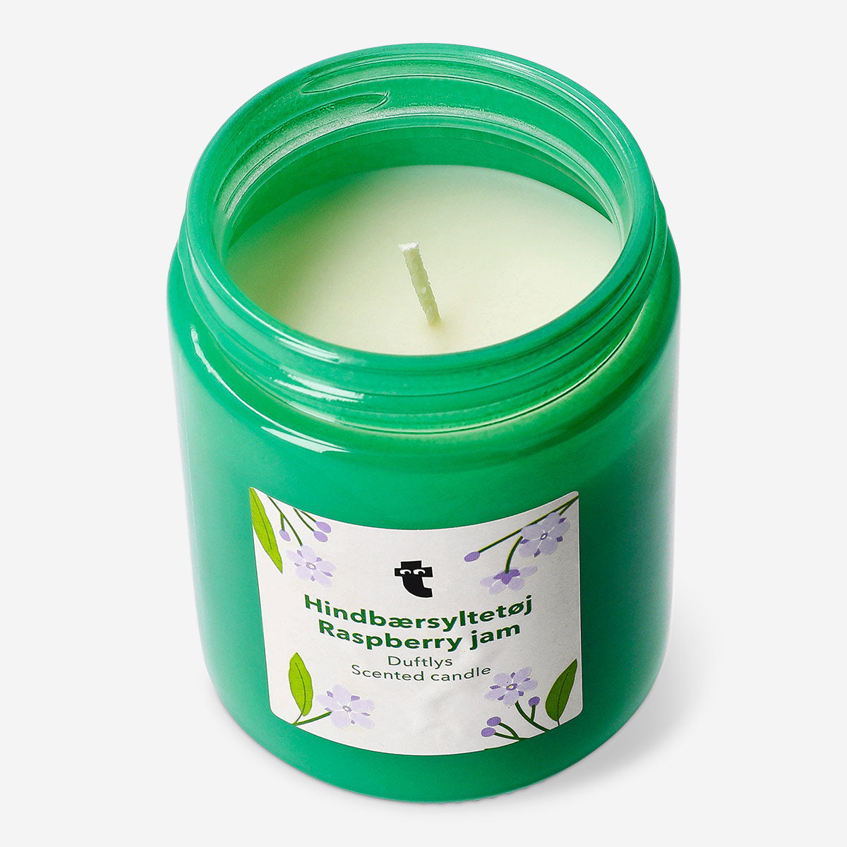 Flying Tiger Copenhagen raspberry jam-shaped candle with a jar design, infused with a sweet raspberry jam fragrance for home decor.