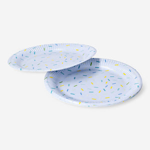 Blue confetti paper plates for parties, set of 8 by Flying Tiger Copenhagen, featuring colorful confetti design on sturdy paper.