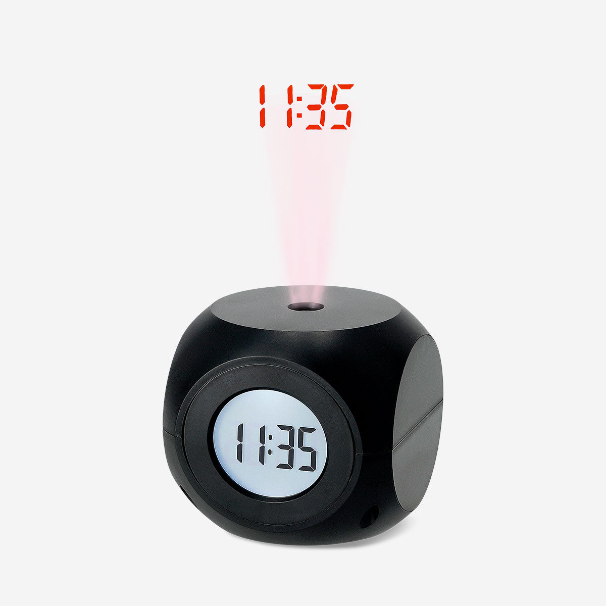 Flying Tiger Copenhagen alarm clock with projector display showing the time on a wall or ceiling. Gadget for easy time viewing.