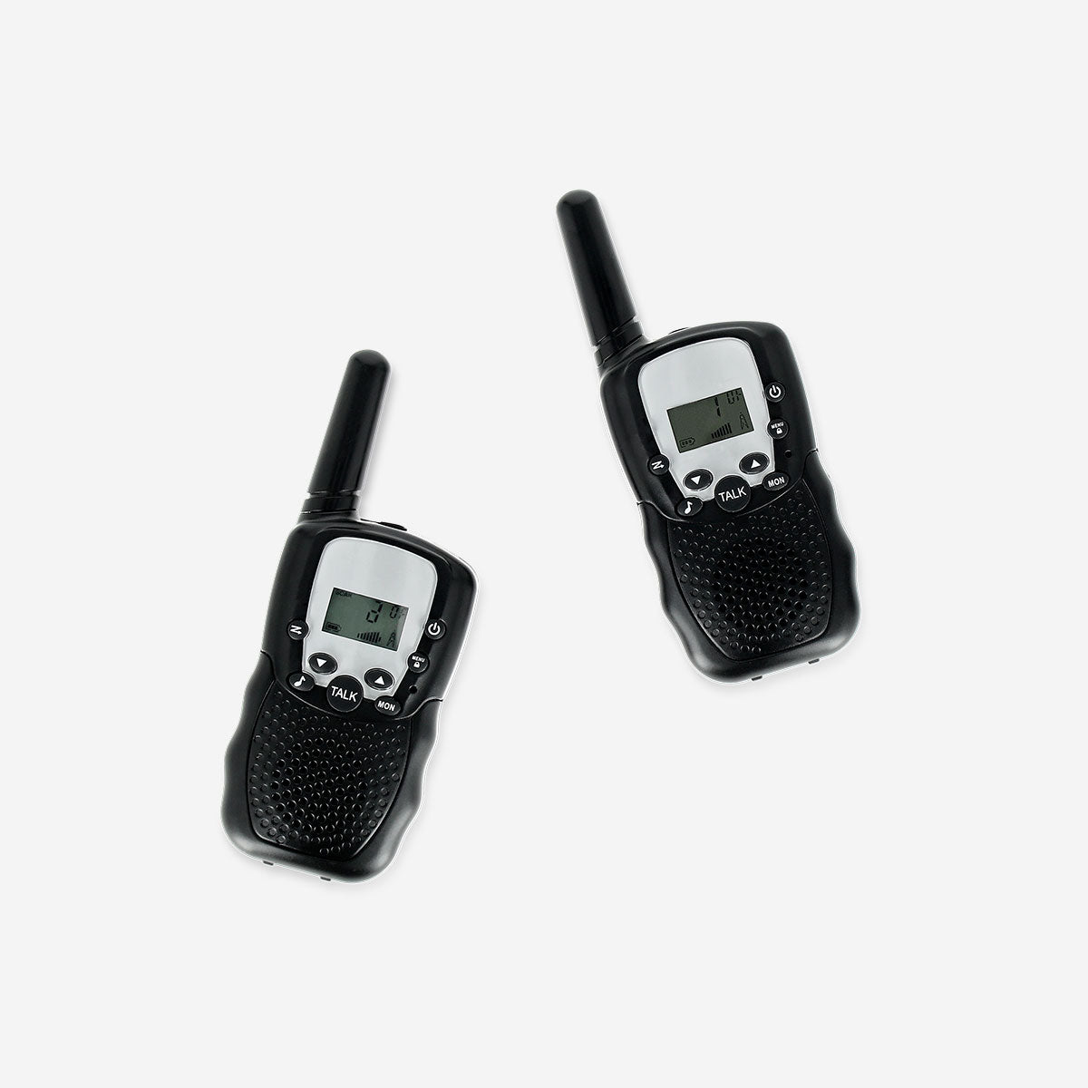 Pair of Flying Tiger Copenhagen walkie-talkies, compact gadgets with buttons and antennas, designed for communication.