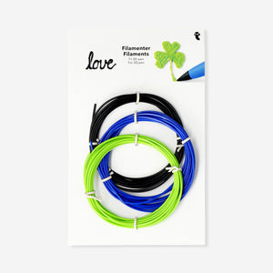 Flying Tiger Copenhagen 3D pen filament set with black, blue, and green plastic filaments for creative 3D drawing.