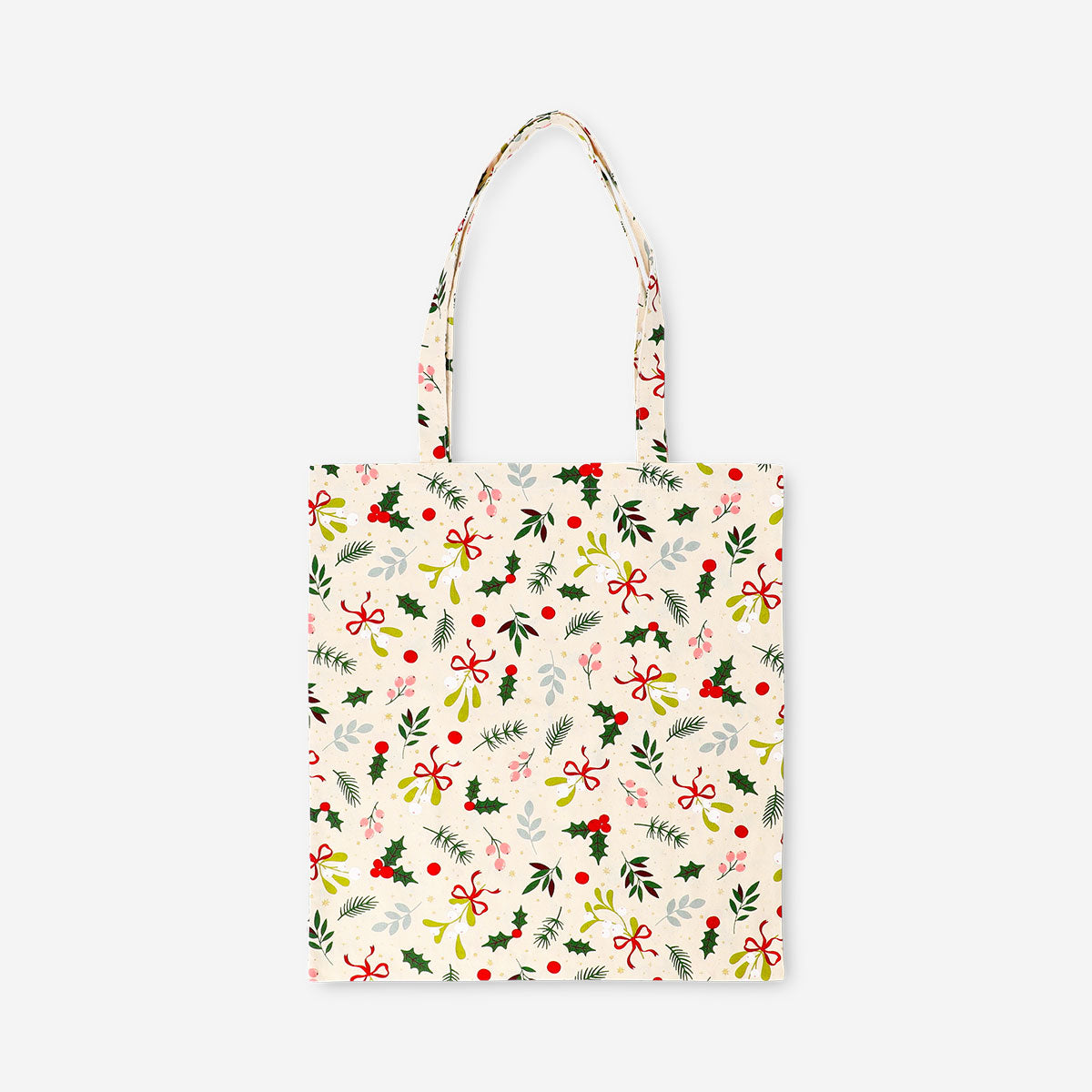 Textile tote bag with Christmas branches design by Flying Tiger Copenhagen, featuring festive holiday-themed pattern.