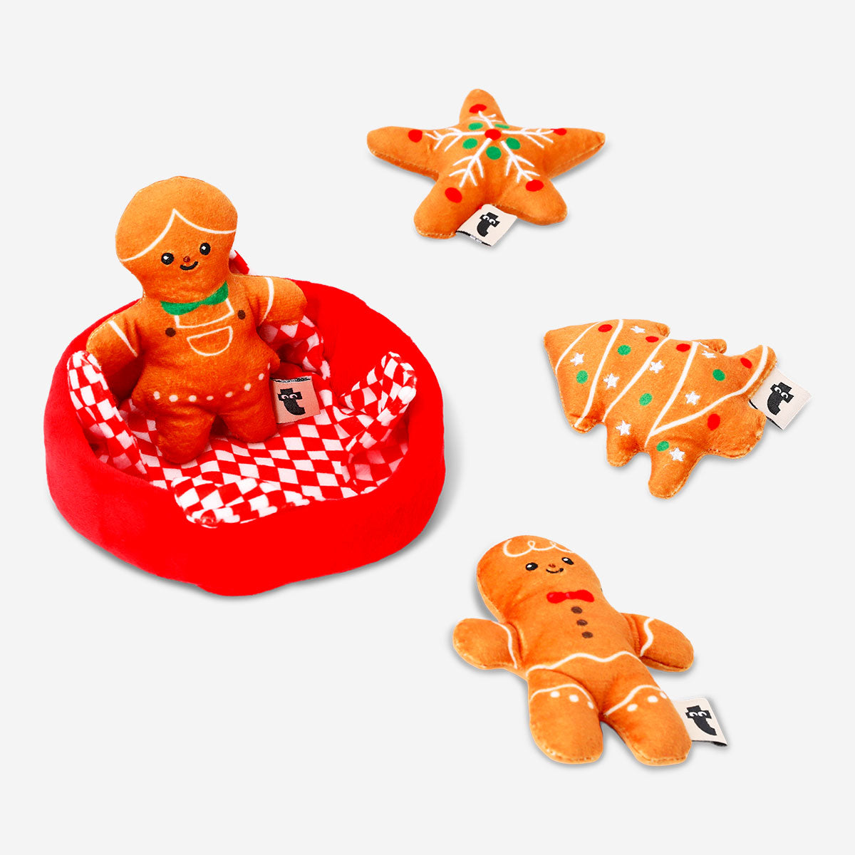 Flying Tiger Copenhagen plush toy basket filled with gingerbread cookie-shaped plush toys, soft and colorful for kids.