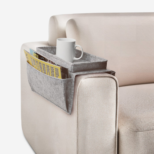 Grey armrest organiser for sofa
