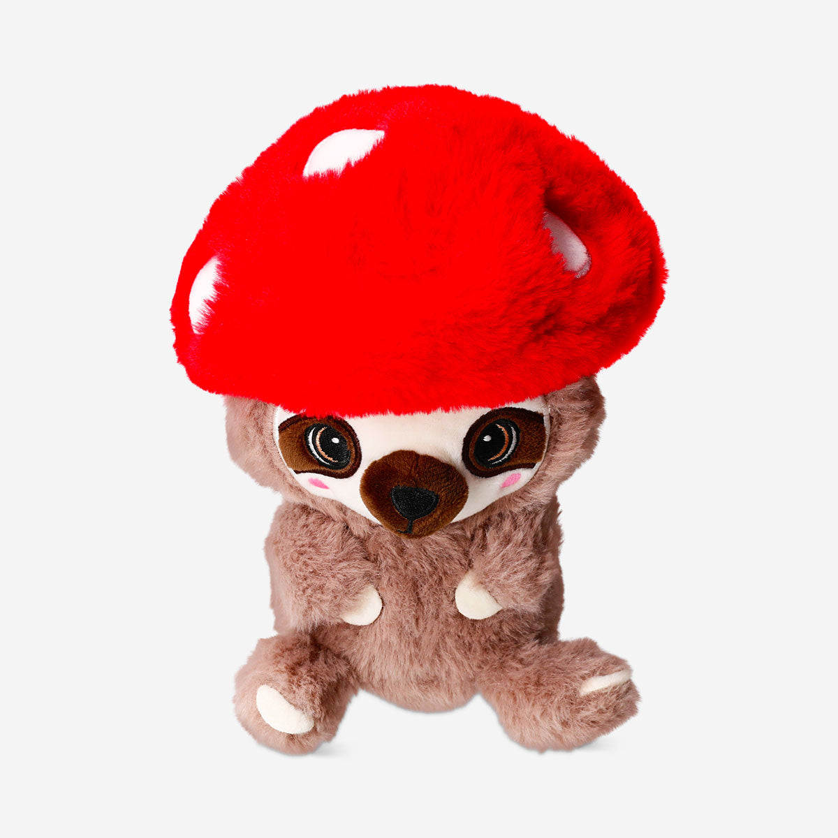 Soft plush sloth toy from Flying Tiger Copenhagen wearing a mushroom hat, perfect for cuddling and decorative display.