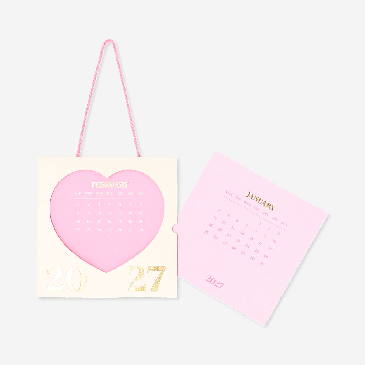 Pink heart-themed hanging monthly calendar for 2027, designed for office use, by Flying Tiger Copenhagen.