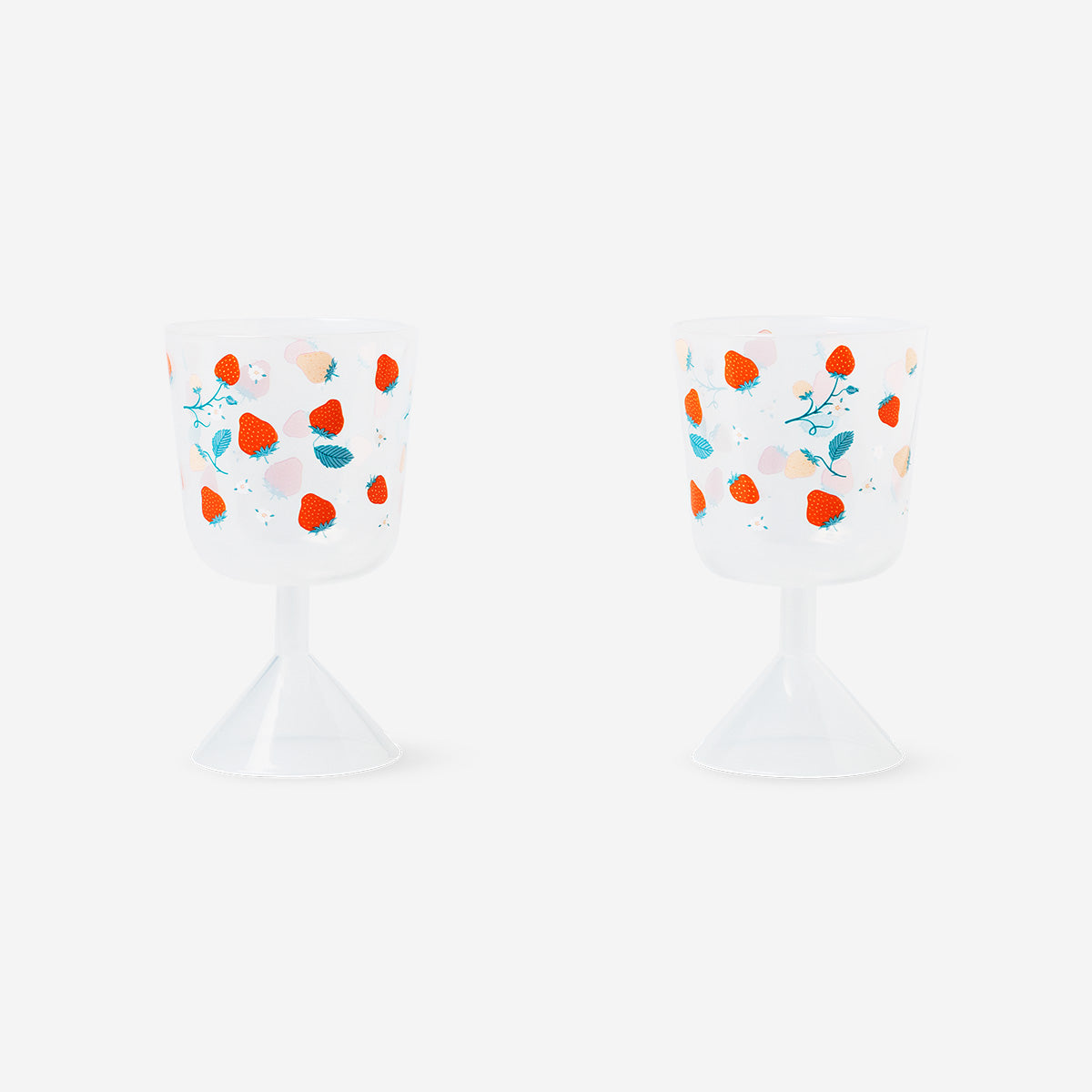 Set of two Flying Tiger Copenhagen wine glasses with strawberry print, perfect for parties and special occasions.