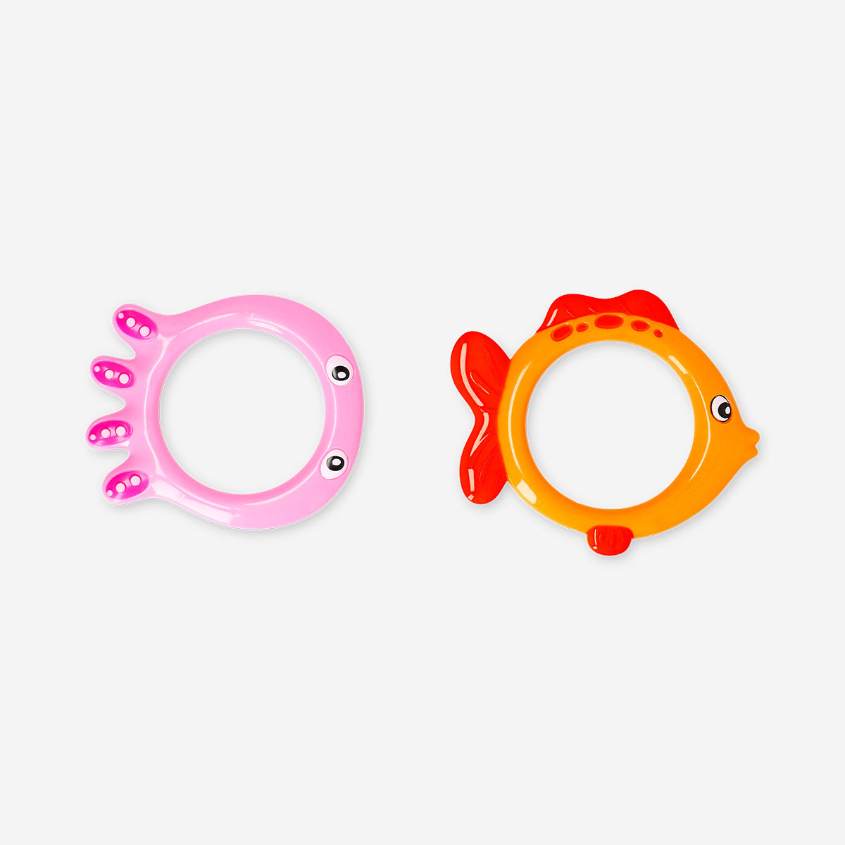 Two colorful fish diving rings toy by Flying Tiger Copenhagen for underwater play and swimming training.