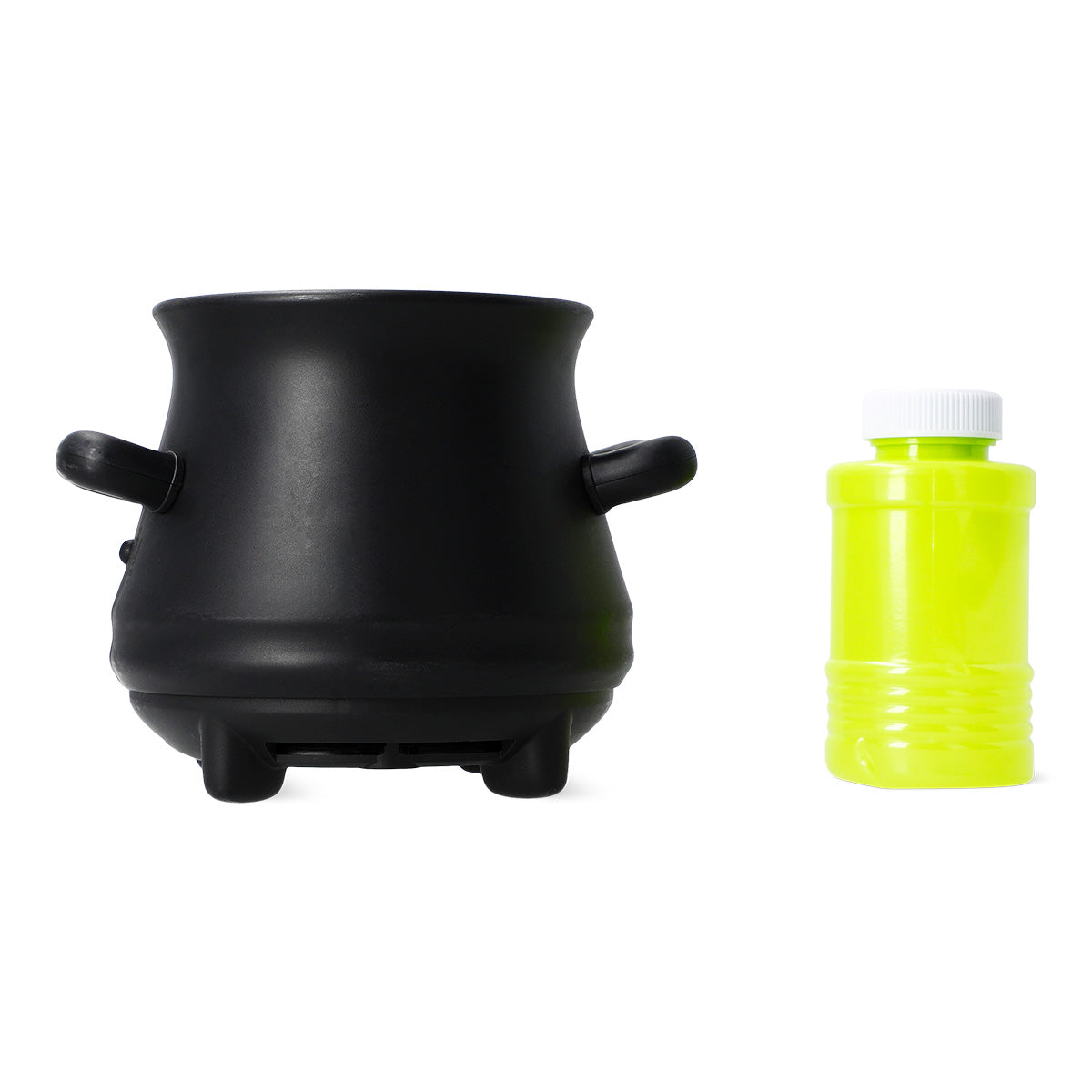 Black cauldron-shaped toy soap bubble machine by Flying Tiger Copenhagen emitting bubbles.