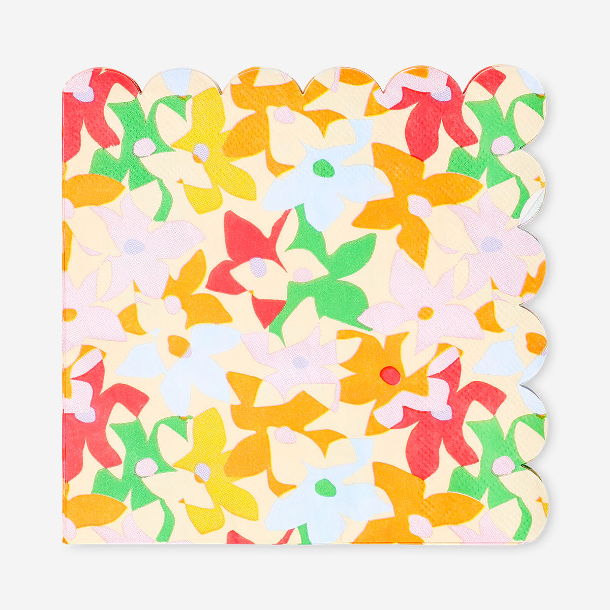 Set of 16 floral and scalloped edge party napkins by Flying Tiger Copenhagen, featuring colorful floral patterns.