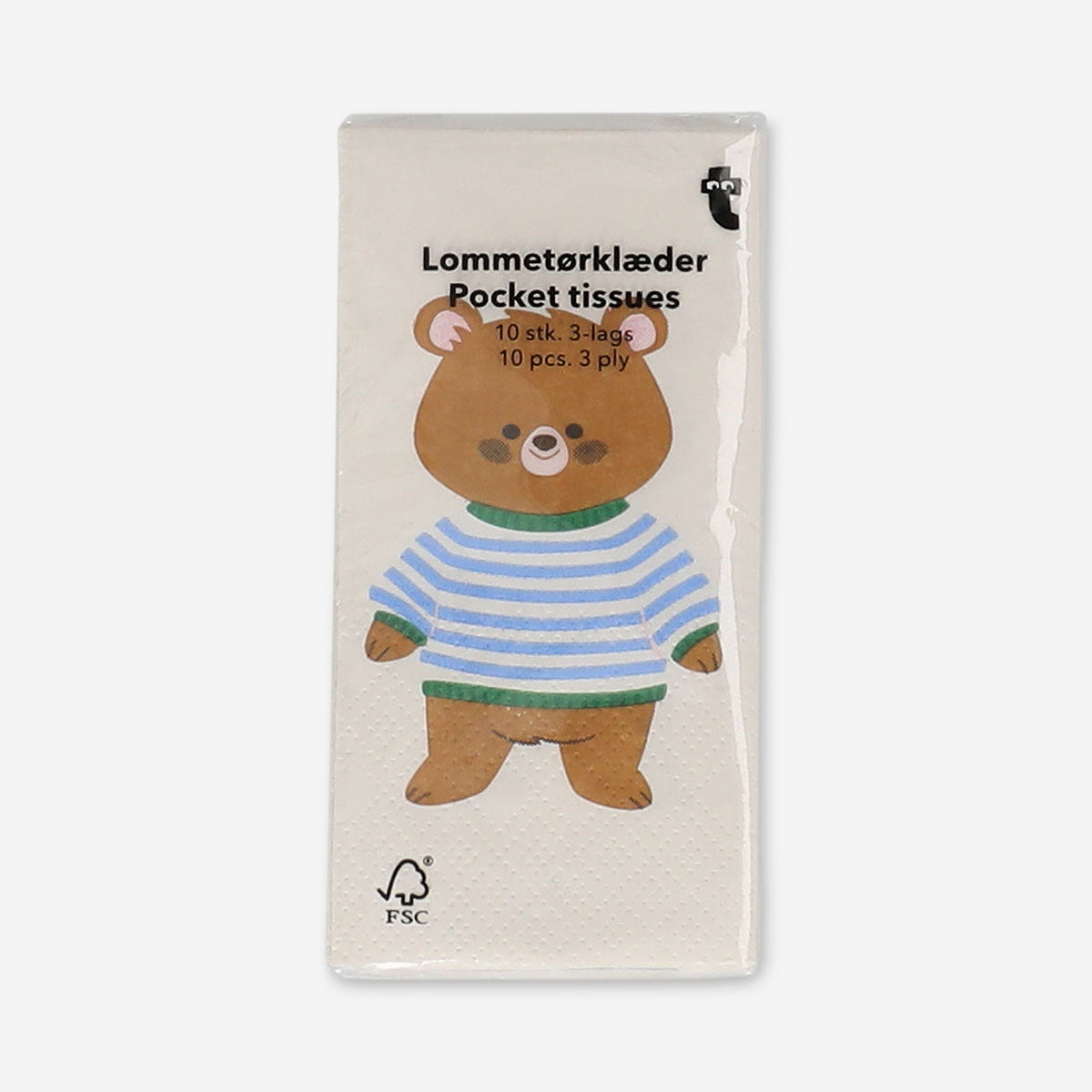 Box of Flying Tiger Copenhagen pocket tissues with adorable teddy bear design, 10-pack for personal care.