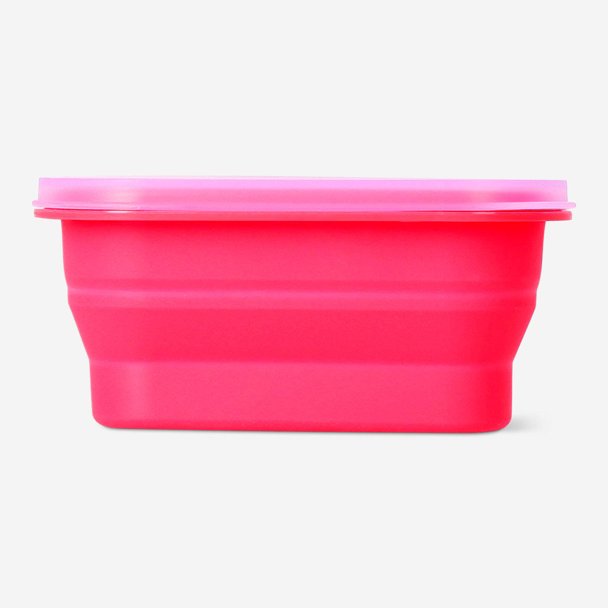 Red collapsible lunchbox with spork from Flying Tiger Copenhagen, 600 ml, shown open with food inside and compact for storage.