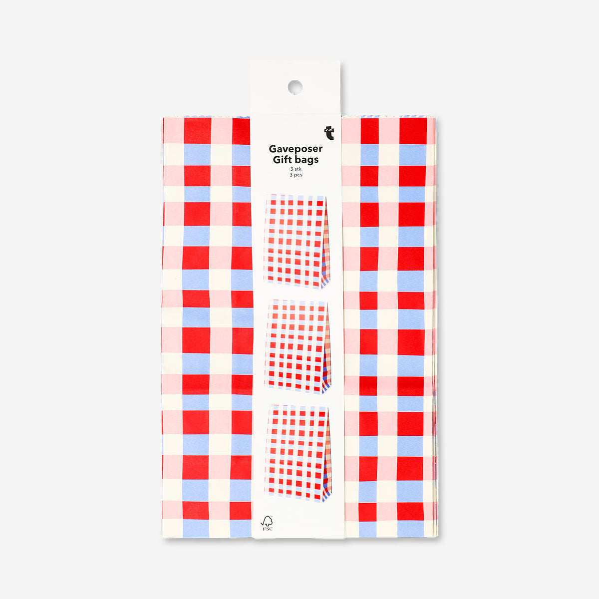 Set of three Flying Tiger Copenhagen gift bags with red checkered pattern, ideal for office presents or party favors.