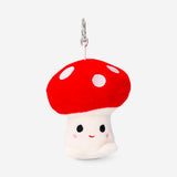 Flying Tiger Copenhagen plush mushroom keyring with a soft, colorful toy mushroom attached to a metal keyring.