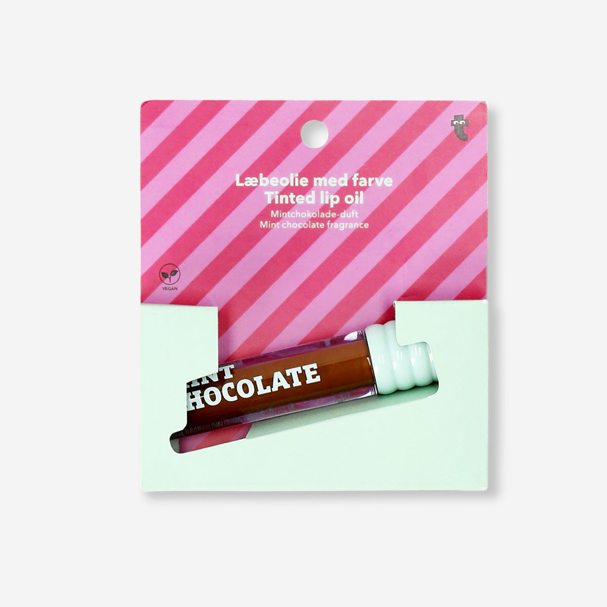 Flying Tiger Copenhagen mint chocolate lip oil in a clear tube with mint and chocolate scent, perfect for nourishing lips.