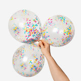 Six colorful confetti balloons for party decoration, Flying Tiger Copenhagen party supplies with vibrant confetti inside.