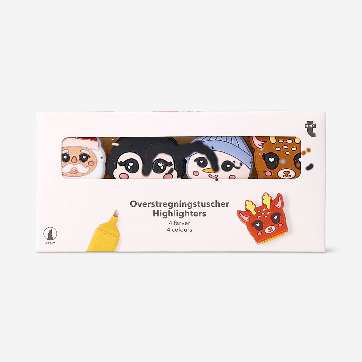 Set of four Christmas-themed highlighters from Flying Tiger Copenhagen, colorful office supplies for festive marking.