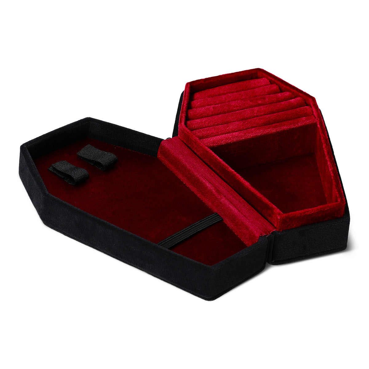 Black coffin-shaped jewelry storage box for personal care, by Flying Tiger Copenhagen, with a compact, decorative design.