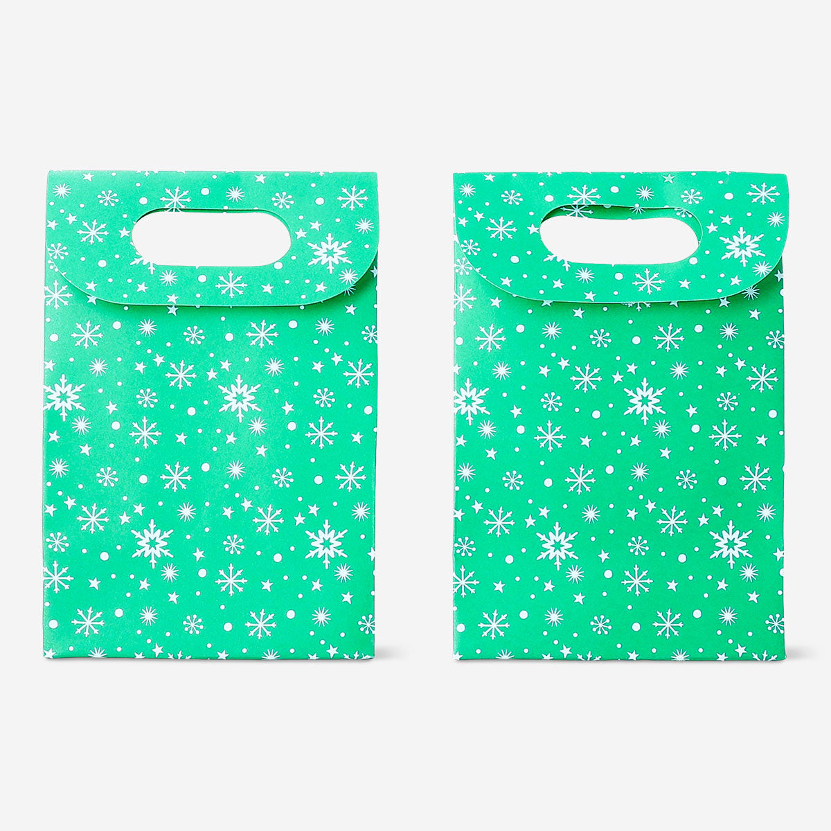 Two green office gift bags with white snowflake designs, perfect for holiday presents, from Flying Tiger Copenhagen.