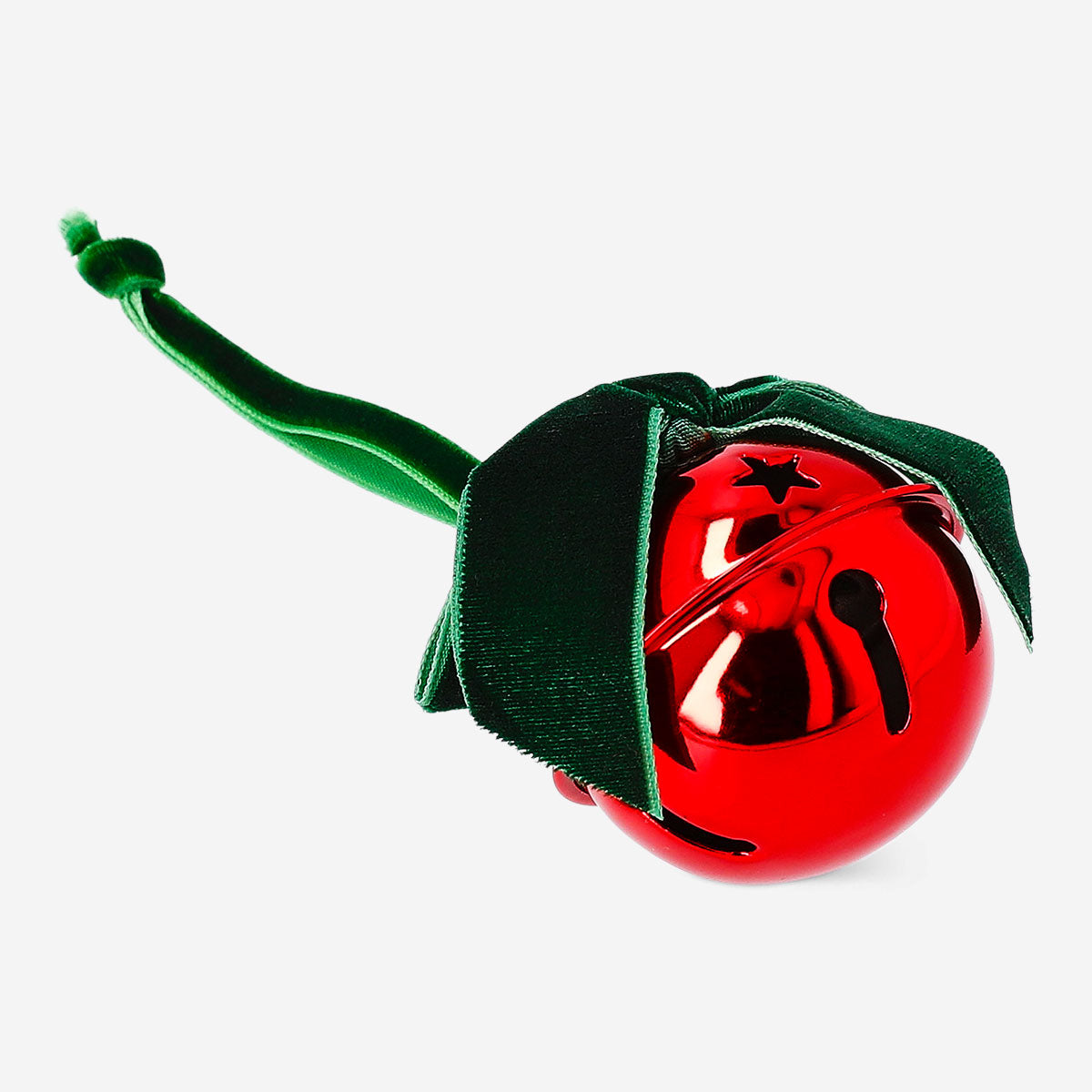 Flying Tiger Copenhagen Christmas bell with green bow, festive holiday home decoration featuring a shiny metal bell and greenery.