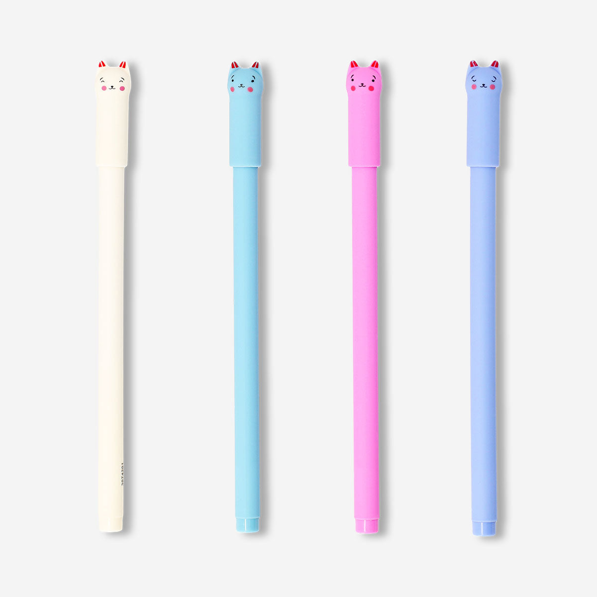 Set of four Flying Tiger Copenhagen ballpoint pens with colorful cat toppers, perfect for office or school use.