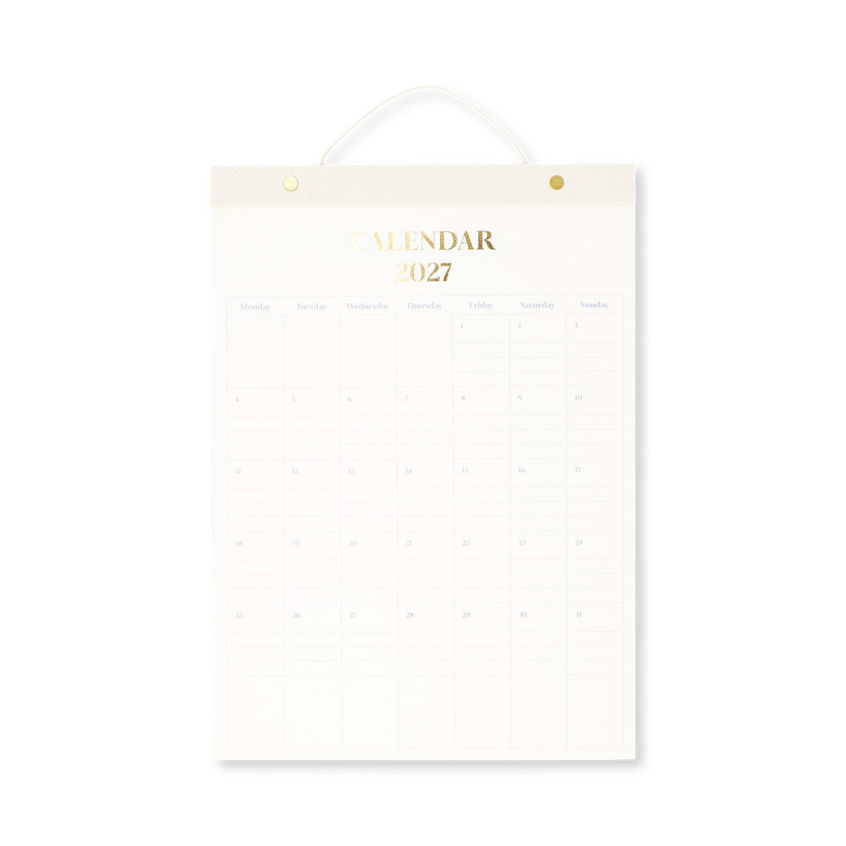 Hanging 2027 office monthly calendar by Flying Tiger Copenhagen with grid layout and colorful design on white background.