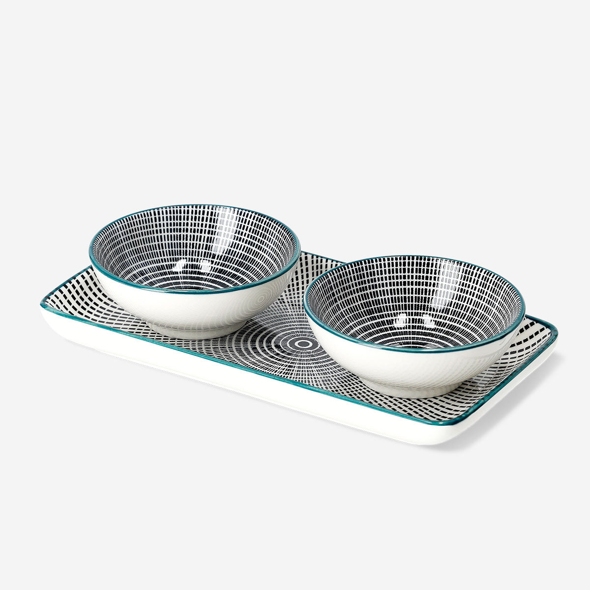 Kitchen serving tray with three soy sauce bowls from Flying Tiger Copenhagen, perfect for appetizers or condiments.
