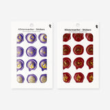 Set of six Flying Tiger Copenhagen wax seal stickers with colorful, vintage-style designs for crafting and decorating projects.
