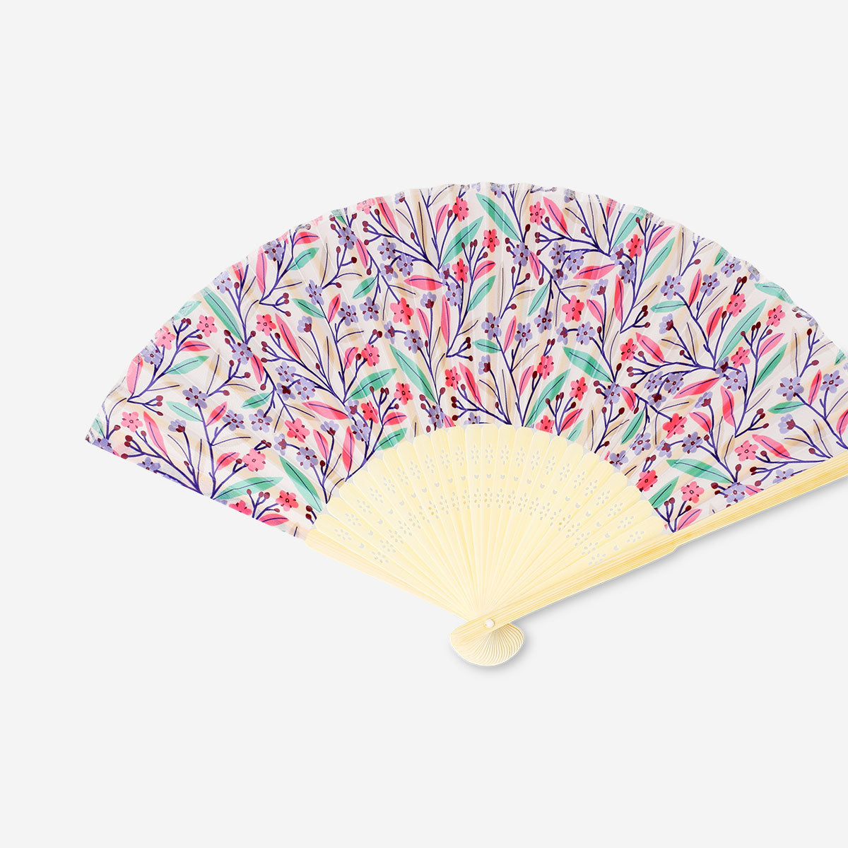 Foldable bamboo fan with colorful floral textile design by Flying Tiger Copenhagen, showcasing vibrant multi-colored flower patterns.