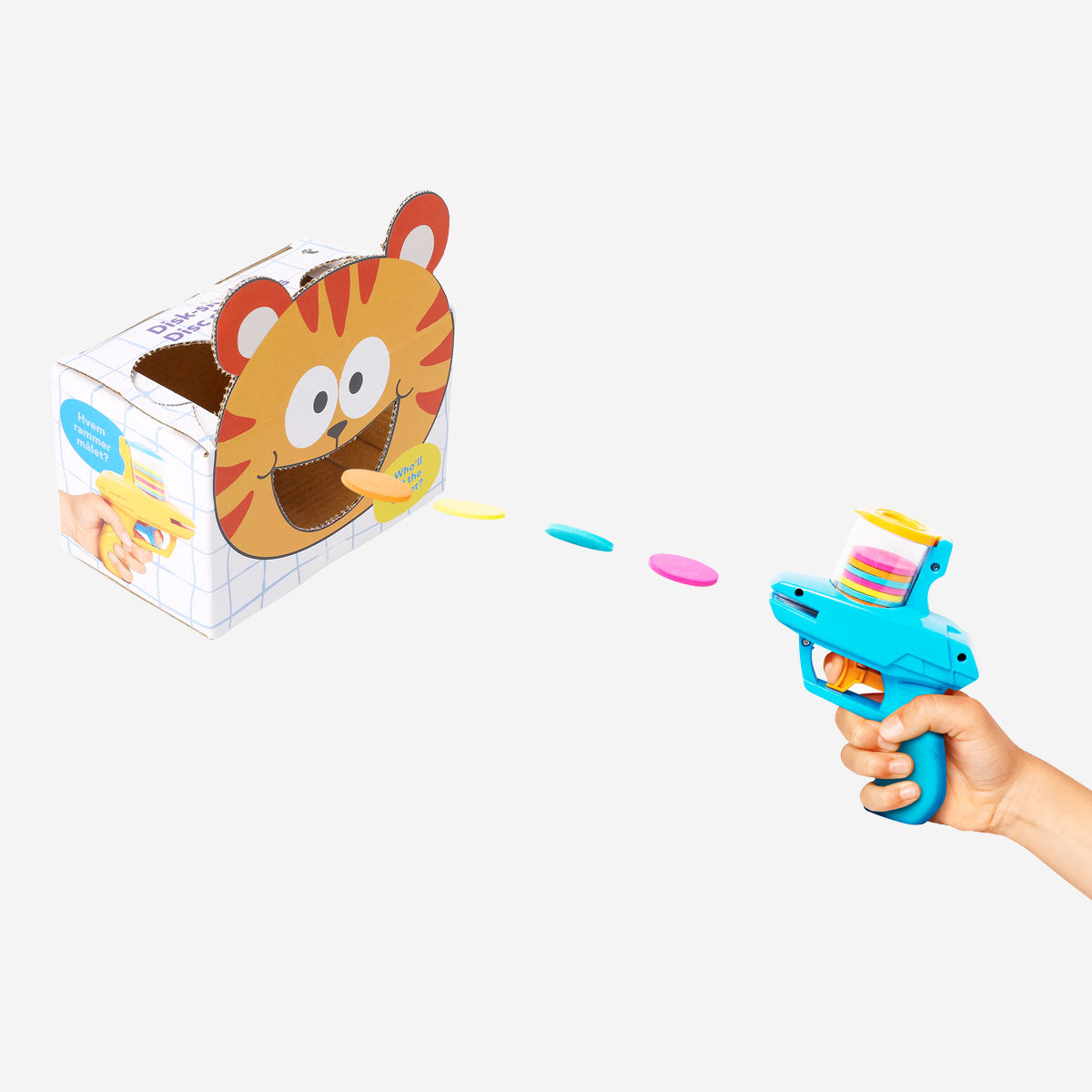 Flying Tiger Copenhagen foam disc launcher game with colorful foam discs ready for play.