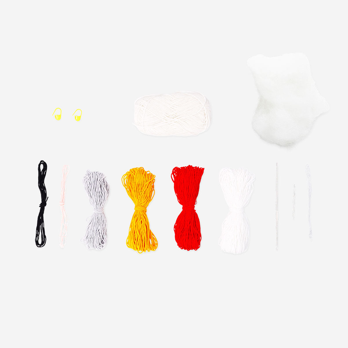 Colorful DIY crochet duck craft kit by Flying Tiger Copenhagen, featuring yarn and tools for hobby crochet projects.